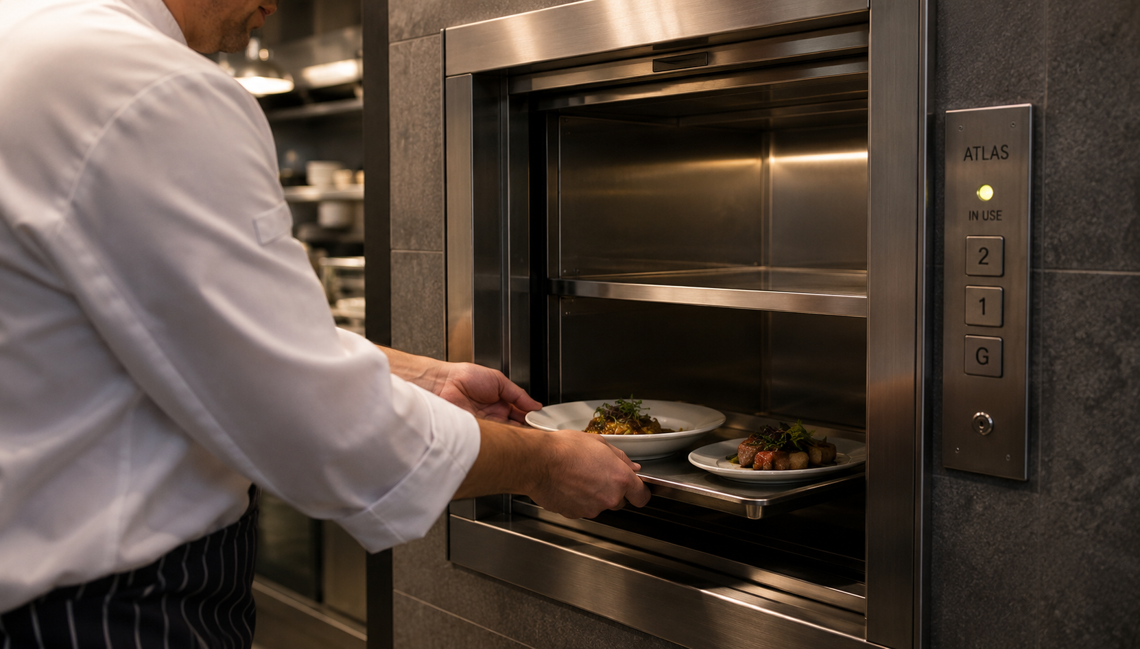 A chef places two plates of food into a stainless steel dumbwaiter in a restaurant kitchen, with control buttons and an indicator light visible on the side panel.