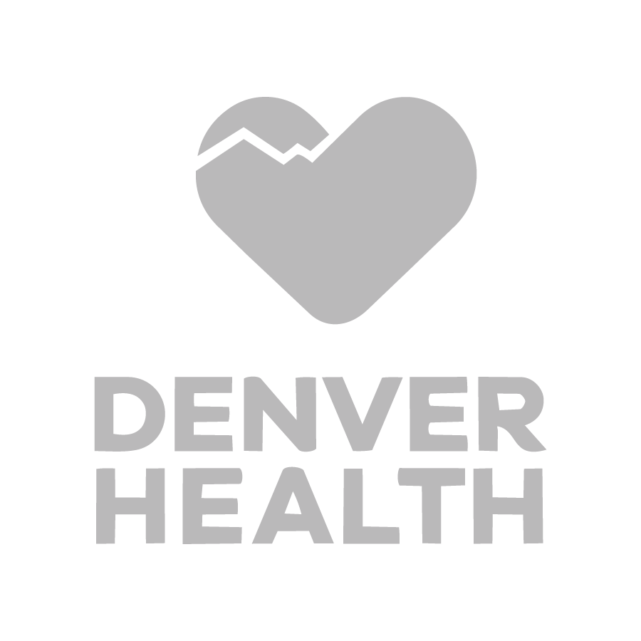 Gray heart-shaped logo with a mountain design at the top, above the bold text DENVER HEALTH on a light background.