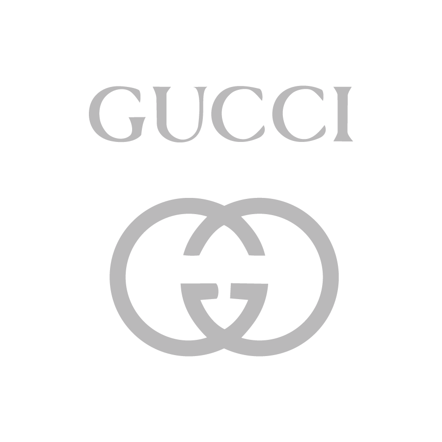 The image shows the word GUCCI above two interlocking G letters, which is the Gucci logo, all in a light gray color on a pale background.